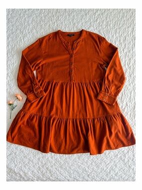 Madewell Flannel Button Placket Tiered Dress Warm Nutmeg Orange L